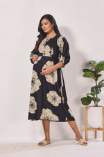 Maternity Arrivals Fancy Mom's Feeding Casual Maxi Wear | Long Elastic Frilled Sleeve | Vertical Feeding Zipper | Comports as Feeding Friendly & Casual wear Rayon MAXI Maternity Frock (ERM)