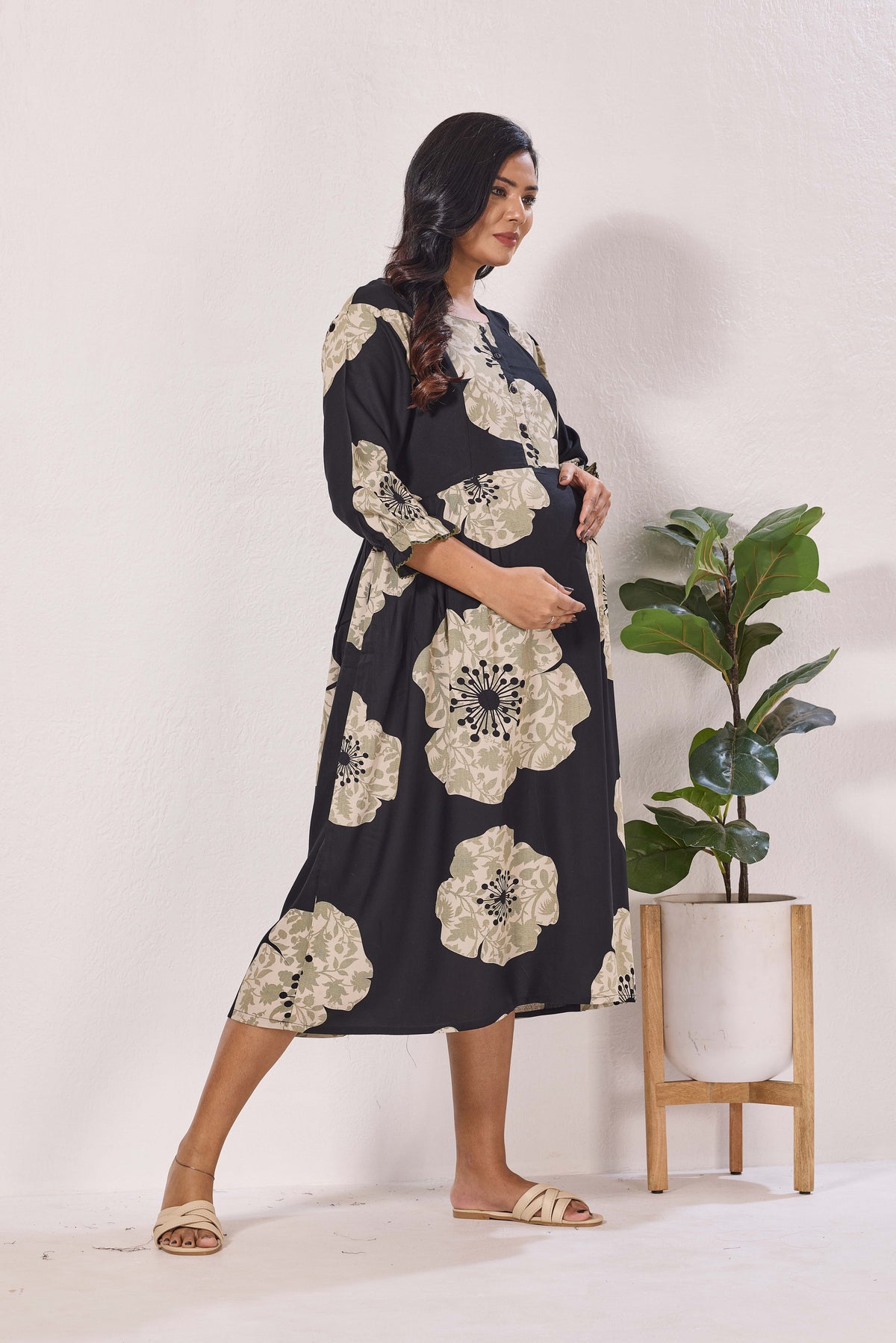 Maternity Arrivals Fancy Mom's Feeding Casual Maxi Wear | Long Elastic Frilled Sleeve | Vertical Feeding Zipper | Comports as Feeding Friendly & Casual wear Rayon MAXI Maternity Frock (ERM)