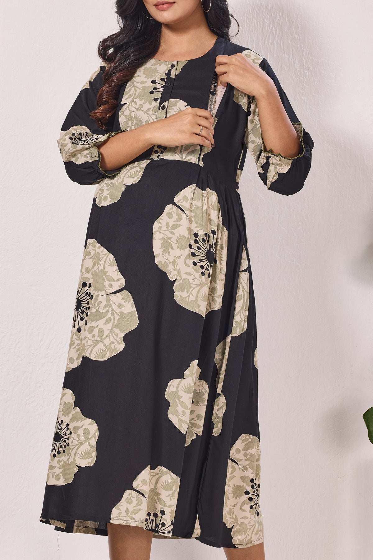 Maternity Arrivals Fancy Mom's Feeding Casual Maxi Wear | Long Elastic Frilled Sleeve | Vertical Feeding Zipper | Comports as Feeding Friendly & Casual wear Rayon MAXI Maternity Frock (ERM)