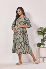 Maternity Arrivals Fancy Mom's Feeding Casual Maxi Wear | Long Elastic Frilled Sleeve | Vertical Feeding Zipper | Comports as Feeding Friendly & Casual wear Rayon MAXI Maternity Frock (ERM)