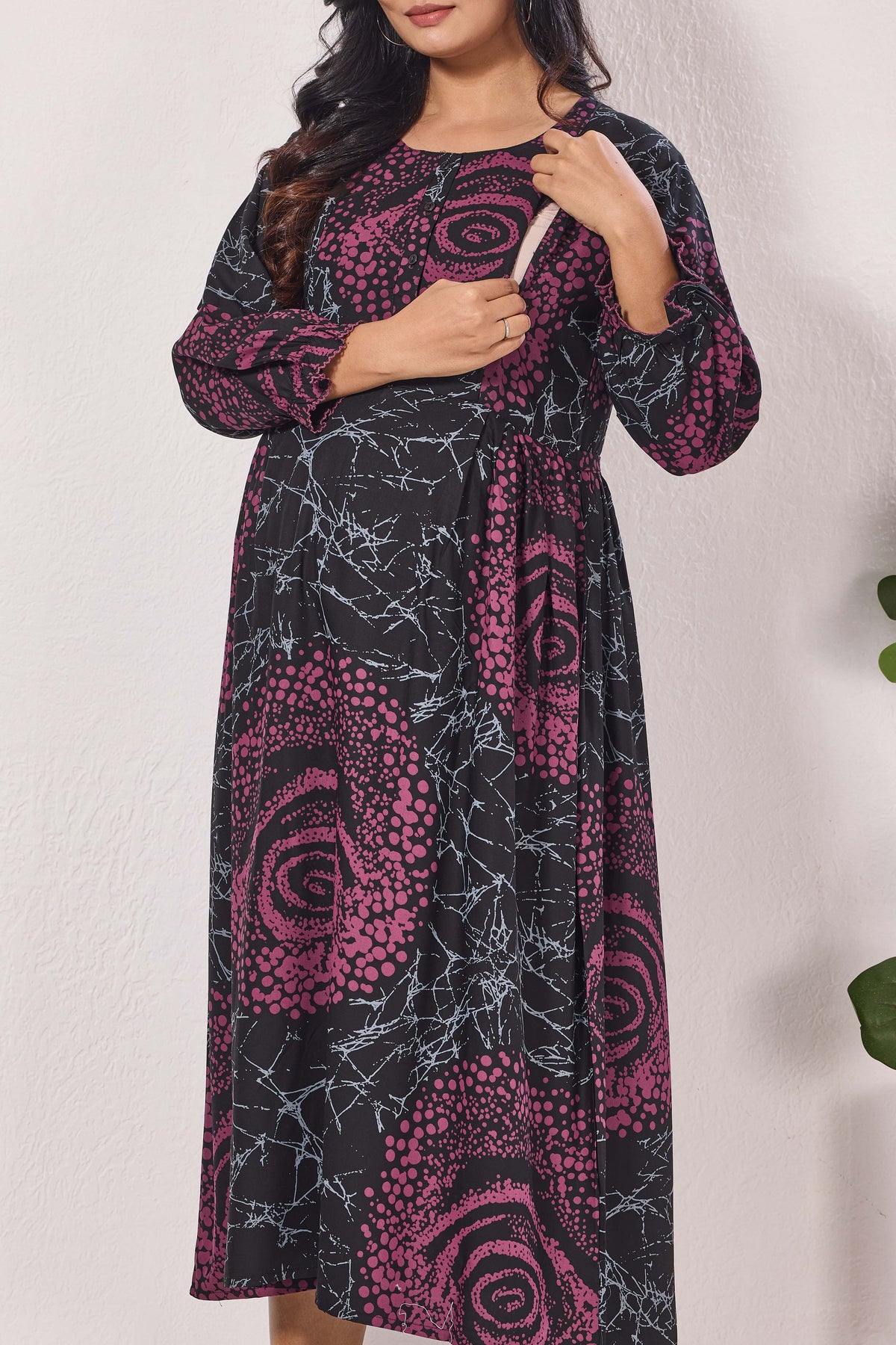Maternity Arrivals Fancy Mom's Feeding Casual Maxi Wear | Long Elastic Frilled Sleeve | Vertical Feeding Zipper | Comports as Feeding Friendly & Casual wear Rayon MAXI Maternity Frock (ERM)