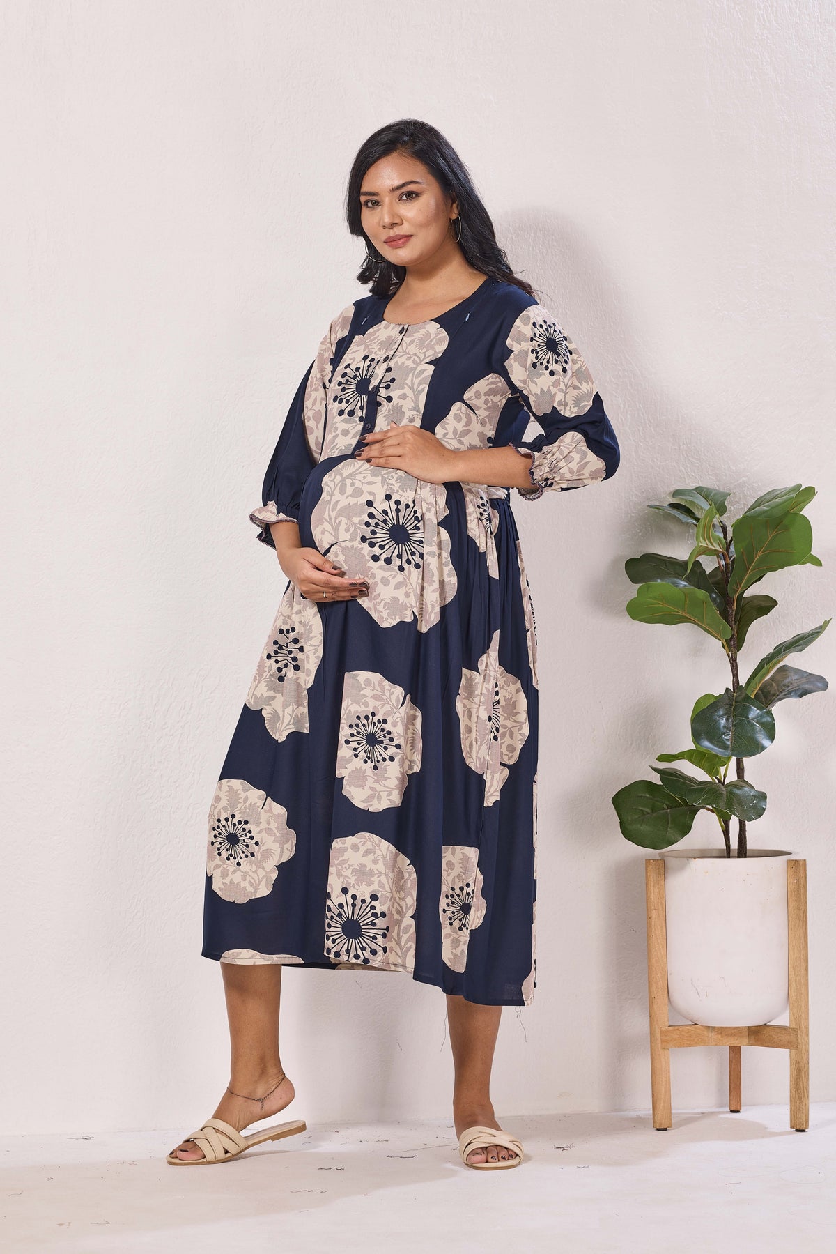 Maternity Arrivals Fancy Mom's Feeding Casual Maxi Wear | Long Elastic Frilled Sleeve | Vertical Feeding Zipper | Comports as Feeding Friendly & Casual wear Rayon MAXI Maternity Frock (ERM)