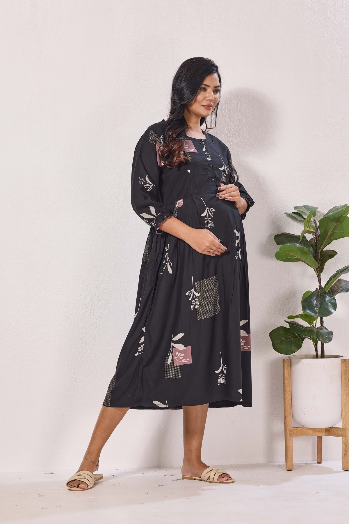 Maternity Arrivals Fancy Mom's Feeding Casual Maxi Wear | Long Elastic Frilled Sleeve | Vertical Feeding Zipper | Comports as Feeding Friendly & Casual wear Rayon MAXI Maternity Frock (ERM)