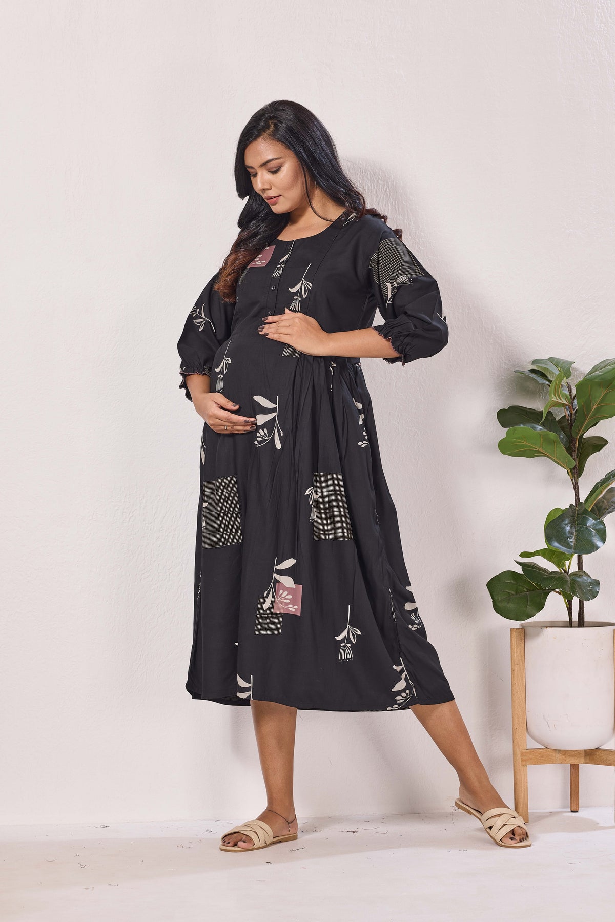 Maternity Arrivals Fancy Mom's Feeding Casual Maxi Wear | Long Elastic Frilled Sleeve | Vertical Feeding Zipper | Comports as Feeding Friendly & Casual wear Rayon MAXI Maternity Frock (ERM)