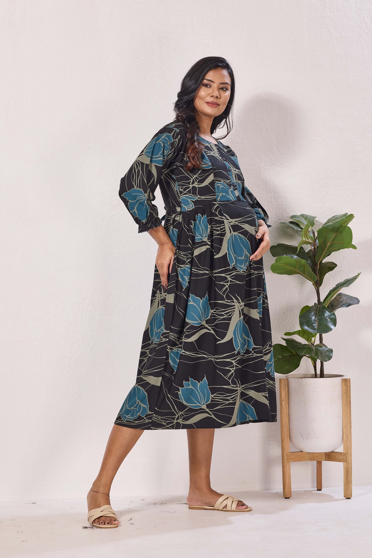 Maternity Arrivals Fancy Mom's Feeding Casual Maxi Wear | Long Elastic Frilled Sleeve | Vertical Feeding Zipper | Comports as Feeding Friendly & Casual wear Rayon MAXI Maternity Frock (ERM)