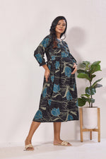 Maternity Arrivals Fancy Mom's Feeding Casual Maxi Wear | Long Elastic Frilled Sleeve | Vertical Feeding Zipper | Comports as Feeding Friendly & Casual wear Rayon MAXI Maternity Frock (ERM)