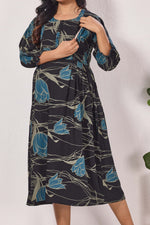 Maternity Arrivals Fancy Mom's Feeding Casual Maxi Wear | Long Elastic Frilled Sleeve | Vertical Feeding Zipper | Comports as Feeding Friendly & Casual wear Rayon MAXI Maternity Frock (ERM)