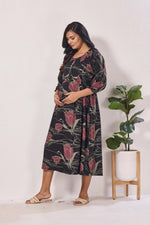 Maternity Arrivals Fancy Mom's Feeding Casual Maxi Wear | Long Elastic Frilled Sleeve | Vertical Feeding Zipper | Comports as Feeding Friendly & Casual wear Rayon MAXI Maternity Frock (ERM)