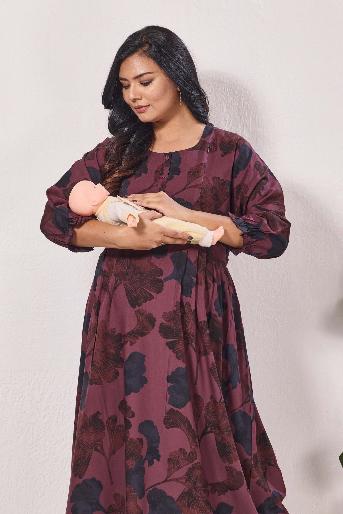 Maternity Arrivals Fancy Mom's Feeding Casual Maxi Wear | Long Elastic Frilled Sleeve | Vertical Feeding Zipper | Comports as Feeding Friendly & Casual wear Rayon MAXI Maternity Frock (ERM)