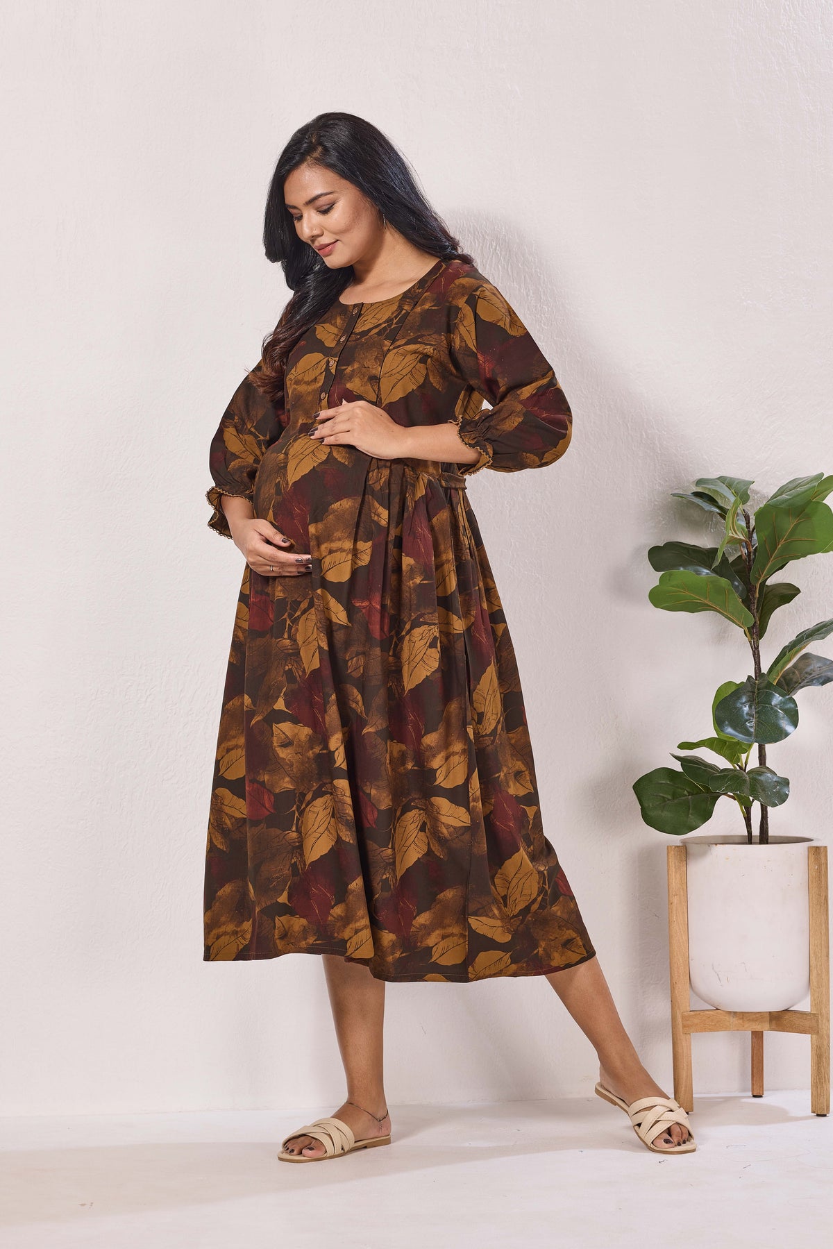Maternity Arrivals Fancy Mom's Feeding Casual Maxi Wear | Long Elastic Frilled Sleeve | Vertical Feeding Zipper | Comports as Feeding Friendly & Casual wear Rayon MAXI Maternity Frock (ERM)