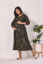 Maternity Arrivals Fancy Mom's Feeding Casual Maxi Wear | Long Elastic Frilled Sleeve | Vertical Feeding Zipper | Comports as Feeding Friendly & Casual wear Rayon MAXI Maternity Frock (ERM)