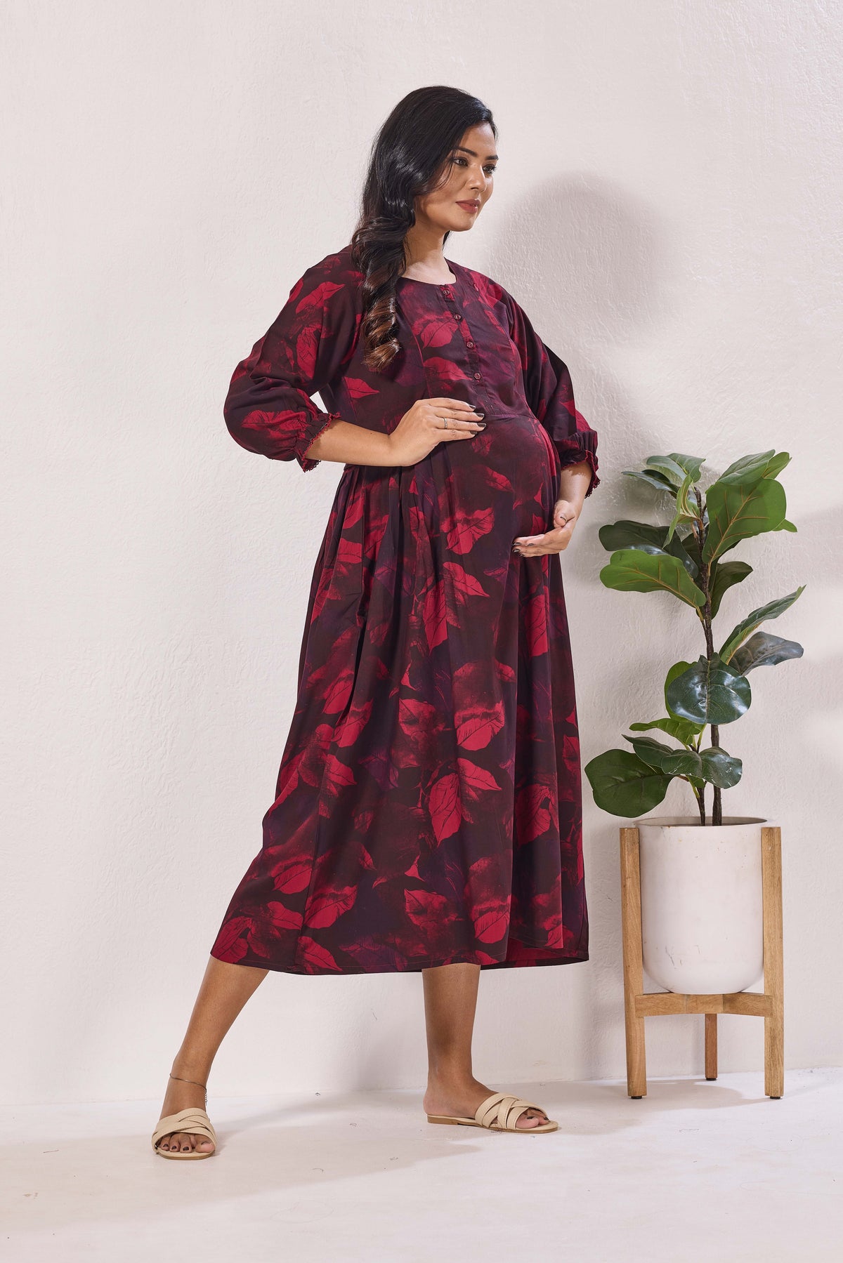 Maternity Arrivals Fancy Mom's Feeding Casual Maxi Wear | Long Elastic Frilled Sleeve | Vertical Feeding Zipper | Comports as Feeding Friendly & Casual wear Rayon MAXI Maternity Frock (ERM)