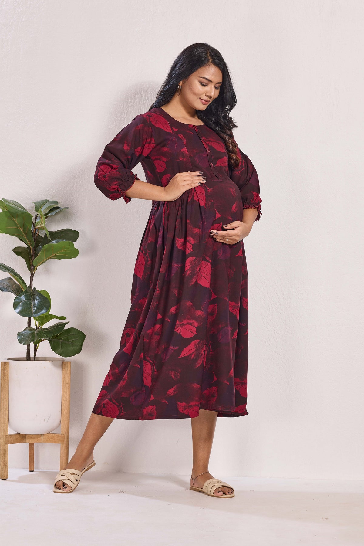 Maternity Arrivals Fancy Mom's Feeding Casual Maxi Wear | Long Elastic Frilled Sleeve | Vertical Feeding Zipper | Comports as Feeding Friendly & Casual wear Rayon MAXI Maternity Frock (ERM)