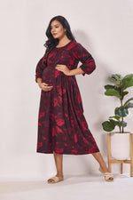 Maternity Arrivals Fancy Mom's Feeding Casual Maxi Wear | Long Elastic Frilled Sleeve | Vertical Feeding Zipper | Comports as Feeding Friendly & Casual wear Rayon MAXI Maternity Frock (ERM)