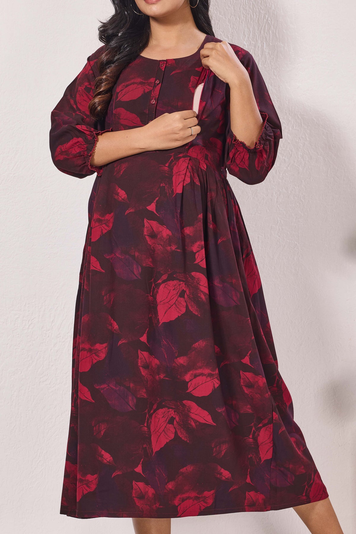 Maternity Arrivals Fancy Mom's Feeding Casual Maxi Wear | Long Elastic Frilled Sleeve | Vertical Feeding Zipper | Comports as Feeding Friendly & Casual wear Rayon MAXI Maternity Frock (ERM)