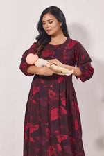 Maternity Arrivals Fancy Mom's Feeding Casual Maxi Wear | Long Elastic Frilled Sleeve | Vertical Feeding Zipper | Comports as Feeding Friendly & Casual wear Rayon MAXI Maternity Frock (ERM)