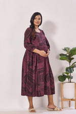 Maternity Arrivals Fancy Mom's Feeding Casual Maxi Wear | Long Elastic Frilled Sleeve | Vertical Feeding Zipper | Comports as Feeding Friendly & Casual wear Rayon MAXI Maternity Frock (ERM)