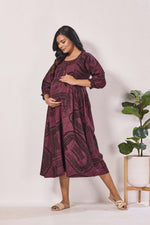 Maternity Arrivals Fancy Mom's Feeding Casual Maxi Wear | Long Elastic Frilled Sleeve | Vertical Feeding Zipper | Comports as Feeding Friendly & Casual wear Rayon MAXI Maternity Frock (ERM)