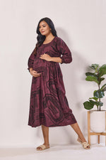 Maternity Arrivals Fancy Mom's Feeding Casual Maxi Wear | Long Elastic Frilled Sleeve | Vertical Feeding Zipper | Comports as Feeding Friendly & Casual wear Rayon MAXI Maternity Frock (ERM)