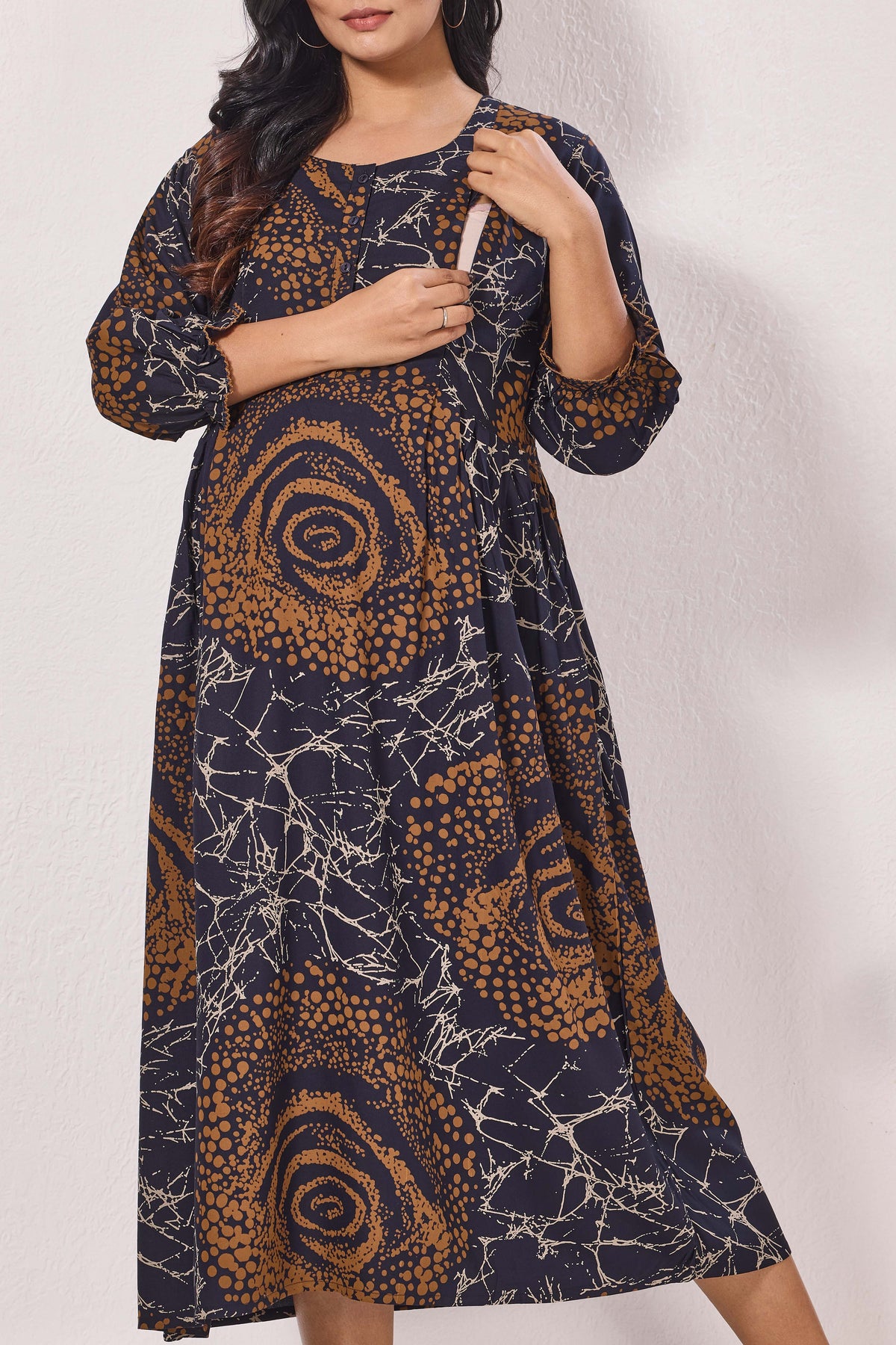 Maternity Arrivals Fancy Mom's Feeding Casual Maxi Wear | Long Elastic Frilled Sleeve | Vertical Feeding Zipper | Comports as Feeding Friendly & Casual wear Rayon MAXI Maternity Frock (ERM)