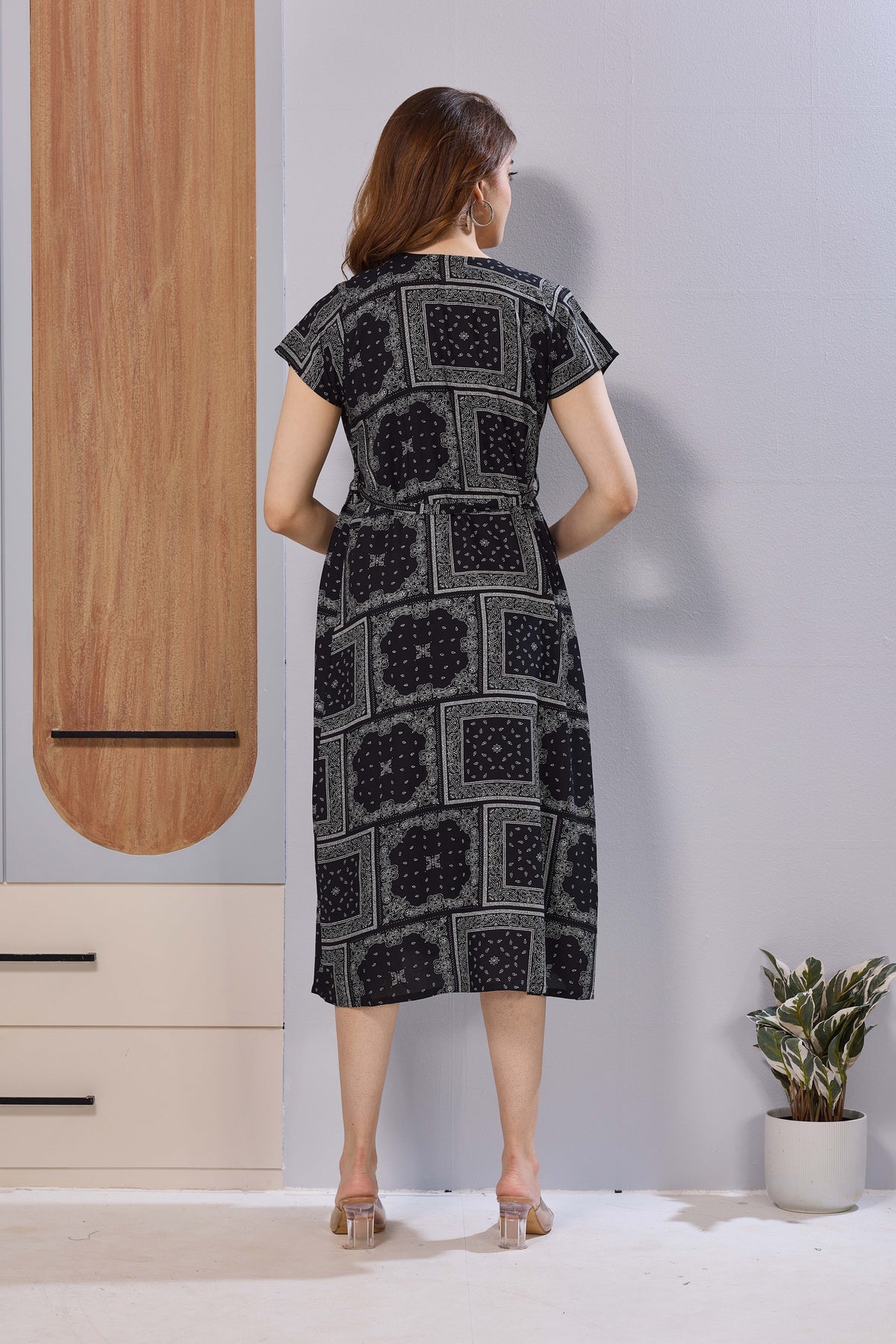 Navy Blue Ethnic Print Rayon Maternity Maxi Dress for Women | Feeding Zip Nursing Wear with Side Pocket | Adjustable Back Tie Pregnancy & Casual Wear (FIO-M