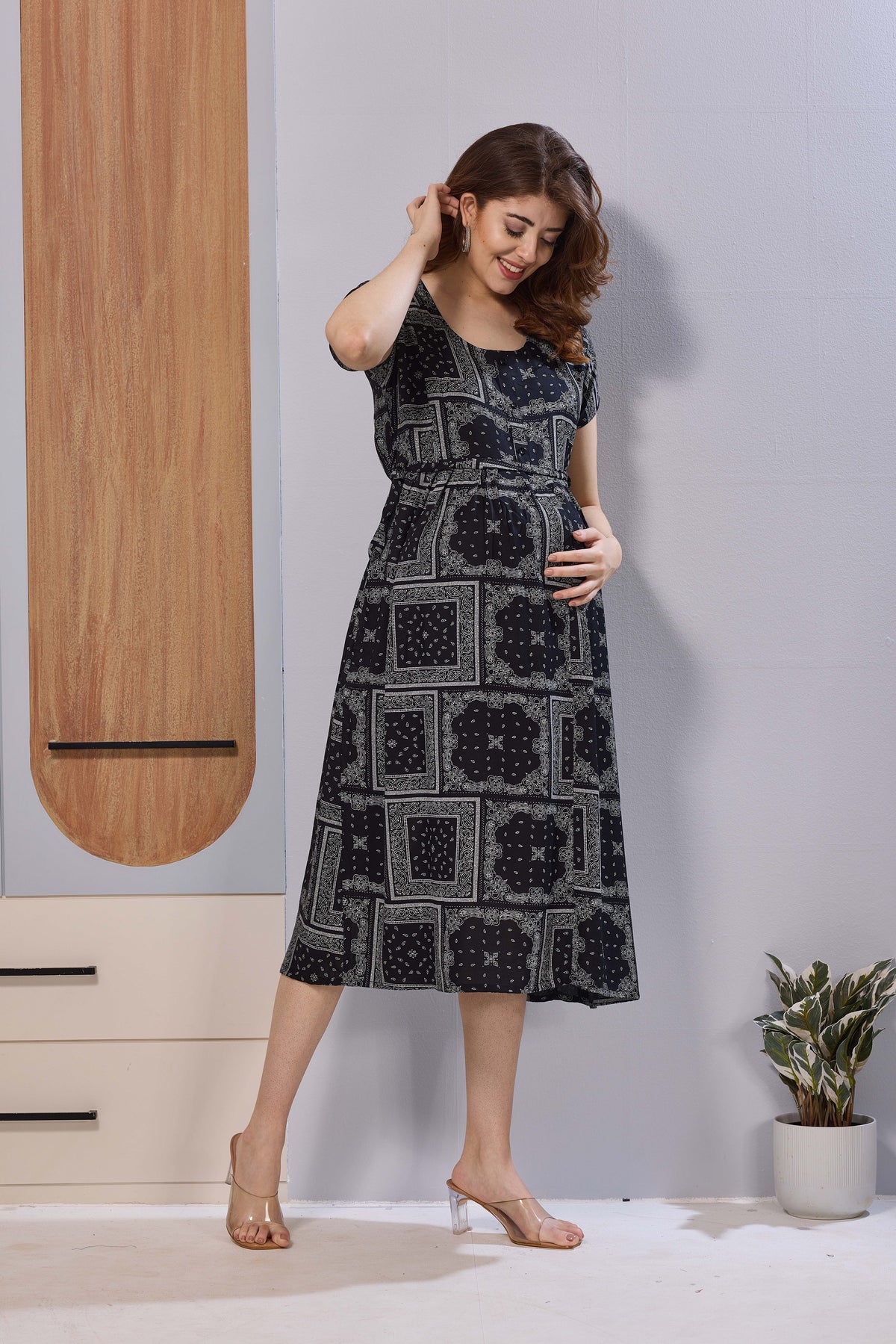 Navy Blue Ethnic Print Rayon Maternity Maxi Dress for Women | Feeding Zip Nursing Wear with Side Pocket | Adjustable Back Tie Pregnancy & Casual Wear (FIO-M