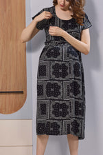 Navy Blue Ethnic Print Rayon Maternity Maxi Dress for Women | Feeding Zip Nursing Wear with Side Pocket | Adjustable Back Tie Pregnancy & Casual Wear (FIO-M