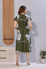 Olive Green Floral Print Rayon Maternity Maxi Dress for Women | Feeding Zip Nursing Wear with Side Pocket | Adjustable Tie Pregnancy & Casual Wear (FIO-M)