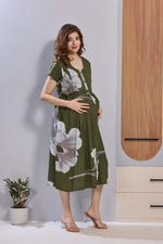 Olive Green Floral Print Rayon Maternity Maxi Dress for Women | Feeding Zip Nursing Wear with Side Pocket | Adjustable Tie Pregnancy & Casual Wear (FIO-M)