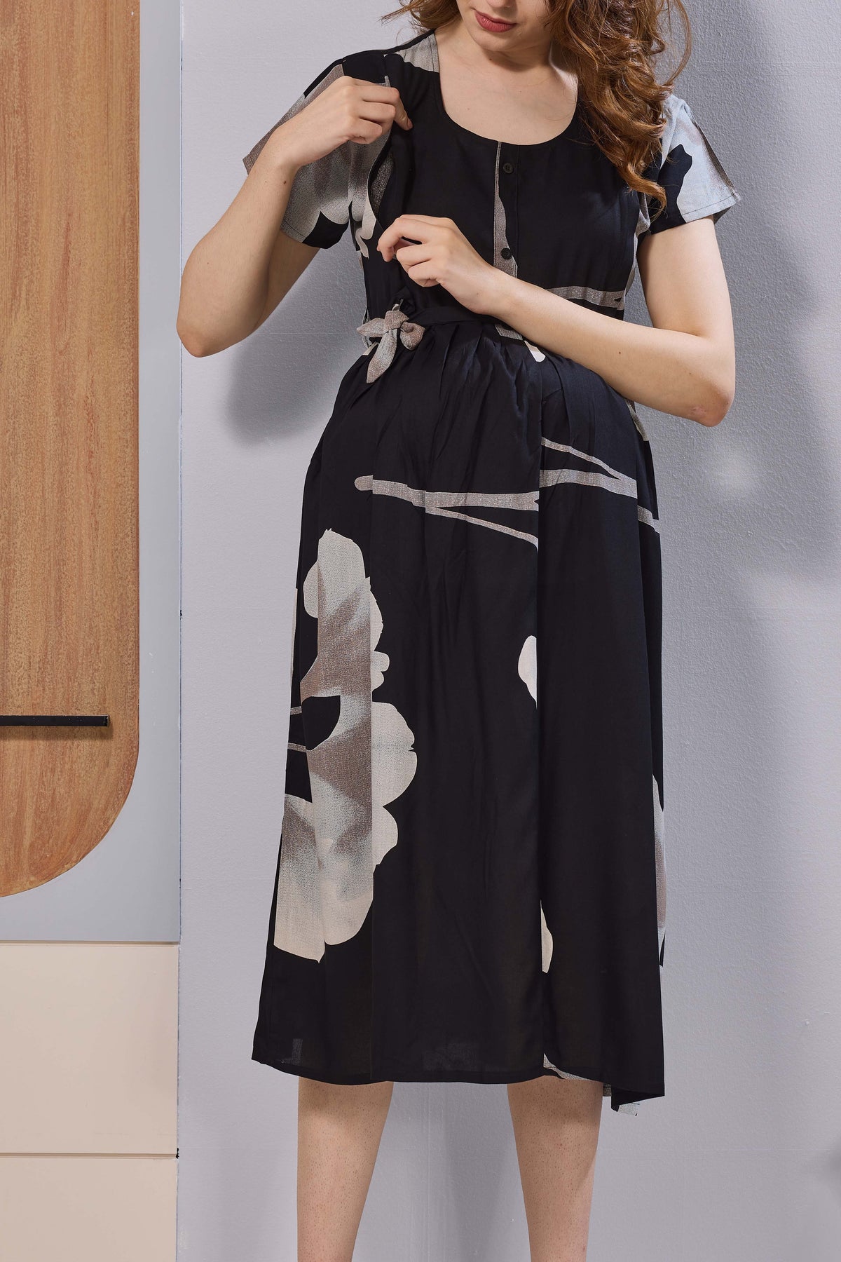 Olive Green Floral Print Rayon Maternity Maxi Dress for Women | Feeding Zip Nursing Wear with Side Pocket | Adjustable Tie Pregnancy & Casual Wear (FIO-M)