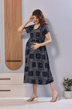 Navy Blue Ethnic Print Rayon Maternity Maxi Dress for Women | Feeding Zip Nursing Wear with Side Pocket | Adjustable Back Tie Pregnancy & Casual Wear (FIO-M