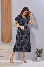 Navy Blue Ethnic Print Rayon Maternity Maxi Dress for Women | Feeding Zip Nursing Wear with Side Pocket | Adjustable Back Tie Pregnancy & Casual Wear (FIO-M