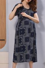 Navy Blue Ethnic Print Rayon Maternity Maxi Dress for Women | Feeding Zip Nursing Wear with Side Pocket | Adjustable Back Tie Pregnancy & Casual Wear (FIO-M