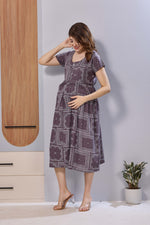 Navy Blue Ethnic Print Rayon Maternity Maxi Dress for Women | Feeding Zip Nursing Wear with Side Pocket | Adjustable Back Tie Pregnancy & Casual Wear (FIO-M