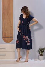 Wine Purple Floral Print Rayon Maternity Maxi Dress for Women | Feeding Zip Nursing Wear with Side Pocket | Adjustable Tie Pregnancy & Casual Wear (FIO-M)