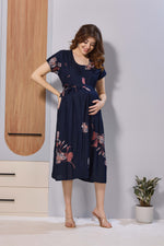 Wine Purple Floral Print Rayon Maternity Maxi Dress for Women | Feeding Zip Nursing Wear with Side Pocket | Adjustable Tie Pregnancy & Casual Wear (FIO-M)