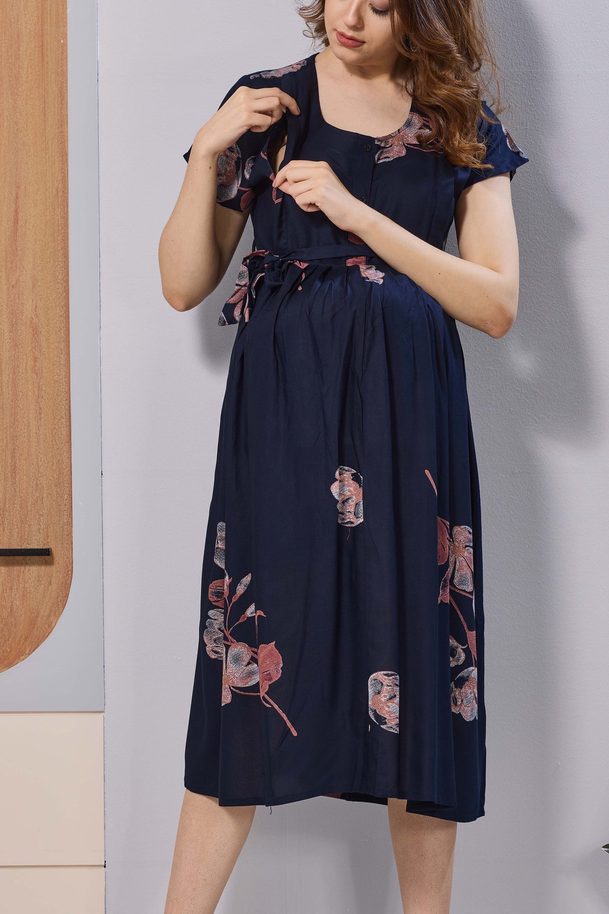 Wine Purple Floral Print Rayon Maternity Maxi Dress for Women | Feeding Zip Nursing Wear with Side Pocket | Adjustable Tie Pregnancy & Casual Wear (FIO-M)