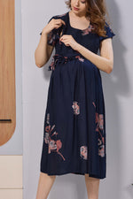 Wine Purple Floral Print Rayon Maternity Maxi Dress for Women | Feeding Zip Nursing Wear with Side Pocket | Adjustable Tie Pregnancy & Casual Wear (FIO-M)