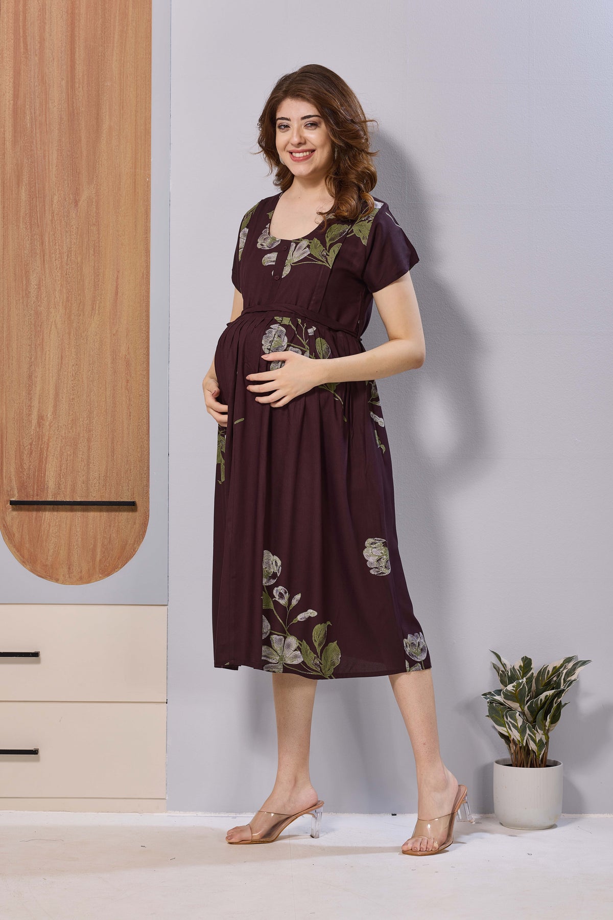 Wine Purple Floral Print Rayon Maternity Maxi Dress for Women | Feeding Zip Nursing Wear with Side Pocket | Adjustable Tie Pregnancy & Casual Wear (FIO-M)