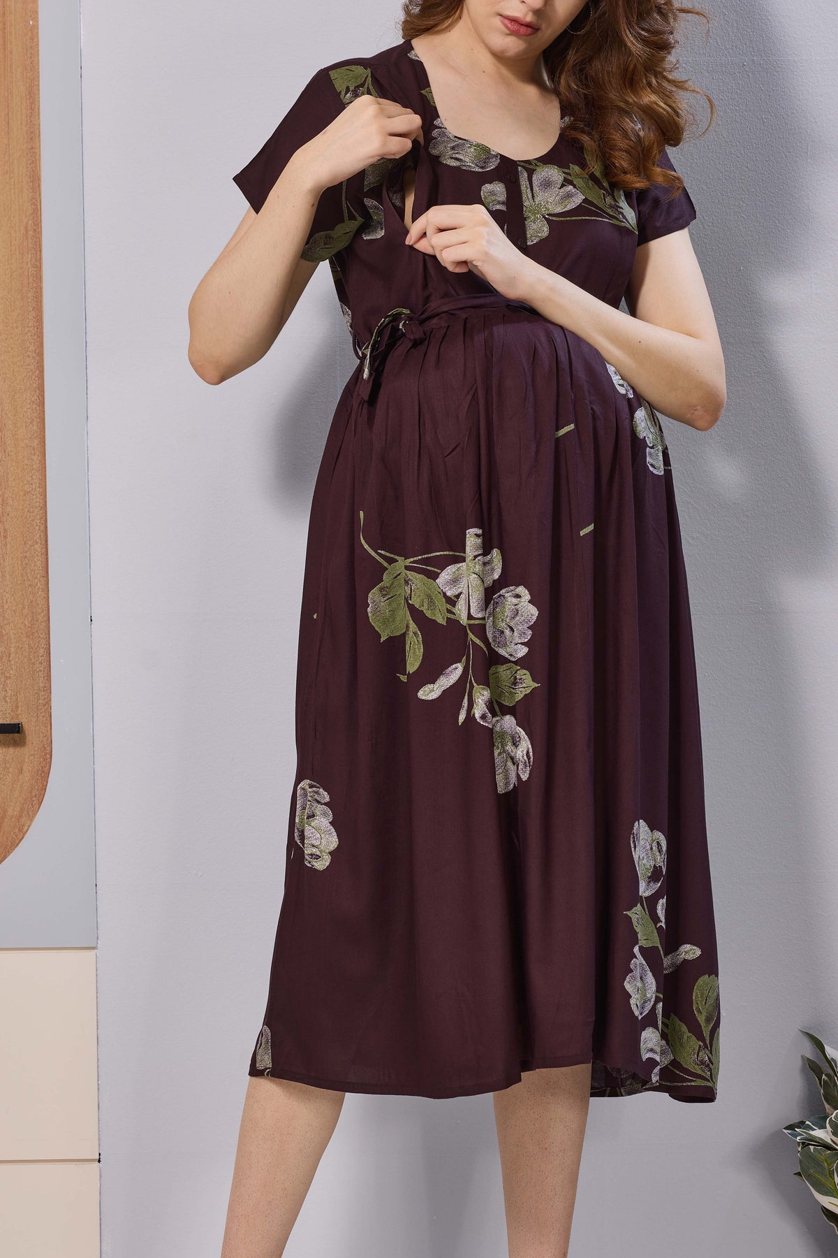 Wine Purple Floral Print Rayon Maternity Maxi Dress for Women | Feeding Zip Nursing Wear with Side Pocket | Adjustable Tie Pregnancy & Casual Wear (FIO-M)