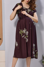 Wine Purple Floral Print Rayon Maternity Maxi Dress for Women | Feeding Zip Nursing Wear with Side Pocket | Adjustable Tie Pregnancy & Casual Wear (FIO-M)