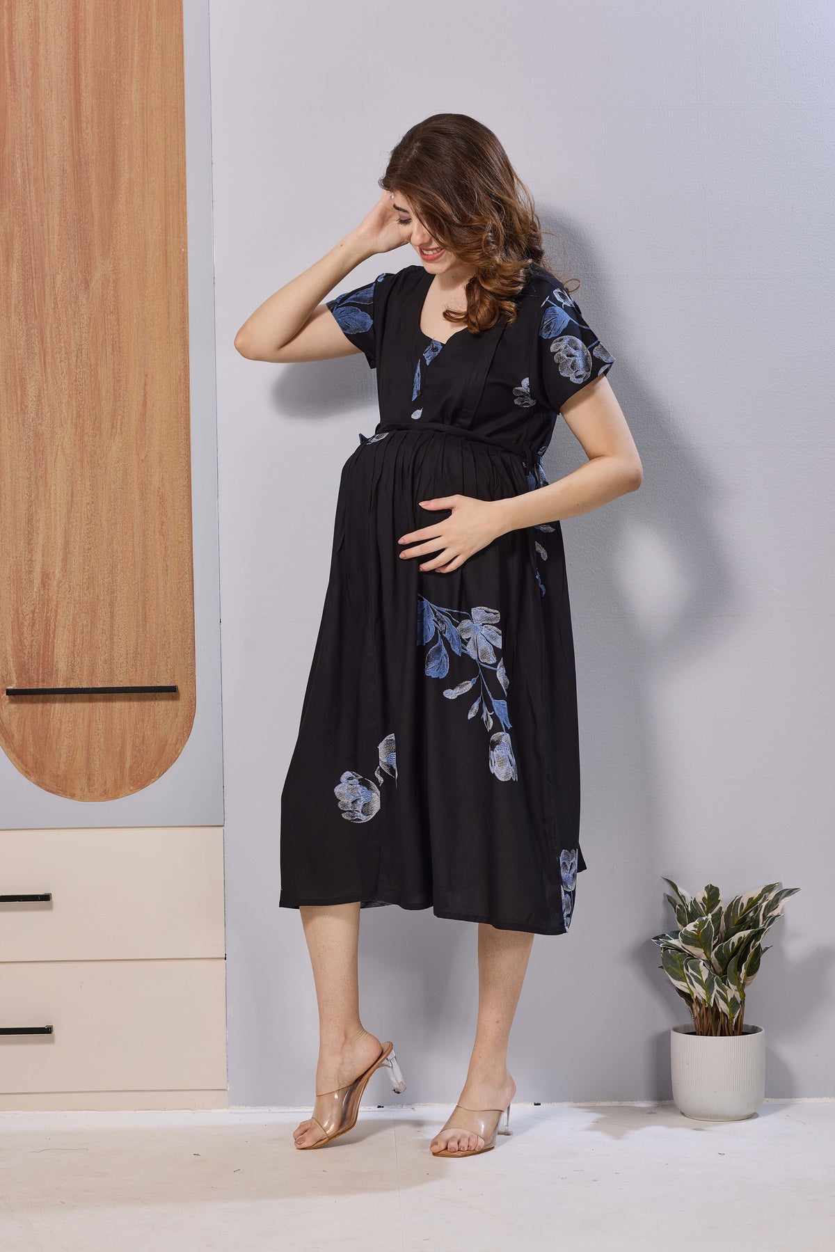 Wine Purple Floral Print Rayon Maternity Maxi Dress for Women | Feeding Zip Nursing Wear with Side Pocket | Adjustable Tie Pregnancy & Casual Wear (FIO-M)