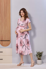 Baby Pink Floral Print Rayon Maternity Maxi Dress for Women | Feeding Zip Nursing Wear with Side Pocket | Adjustable Tie Pregnancy & Casual Wear (FIO-M)