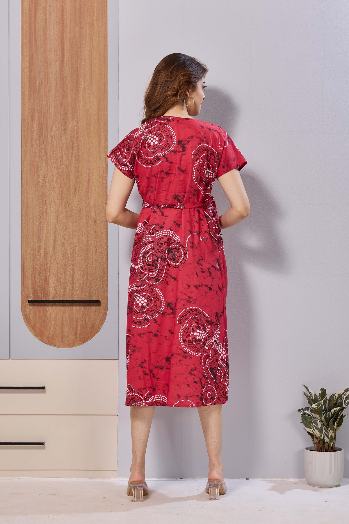 Ruby Red Abstract Print Rayon Maternity Maxi Dress for Women | Feeding Zip Nursing Wear with Side Pocket | Adjustable Tie Pregnancy & Casual Wear (FIO-M)