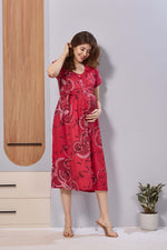 Ruby Red Abstract Print Rayon Maternity Maxi Dress for Women | Feeding Zip Nursing Wear with Side Pocket | Adjustable Tie Pregnancy & Casual Wear (FIO-M)