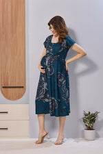Ruby Red Abstract Print Rayon Maternity Maxi Dress for Women | Feeding Zip Nursing Wear with Side Pocket | Adjustable Tie Pregnancy & Casual Wear (FIO-M)