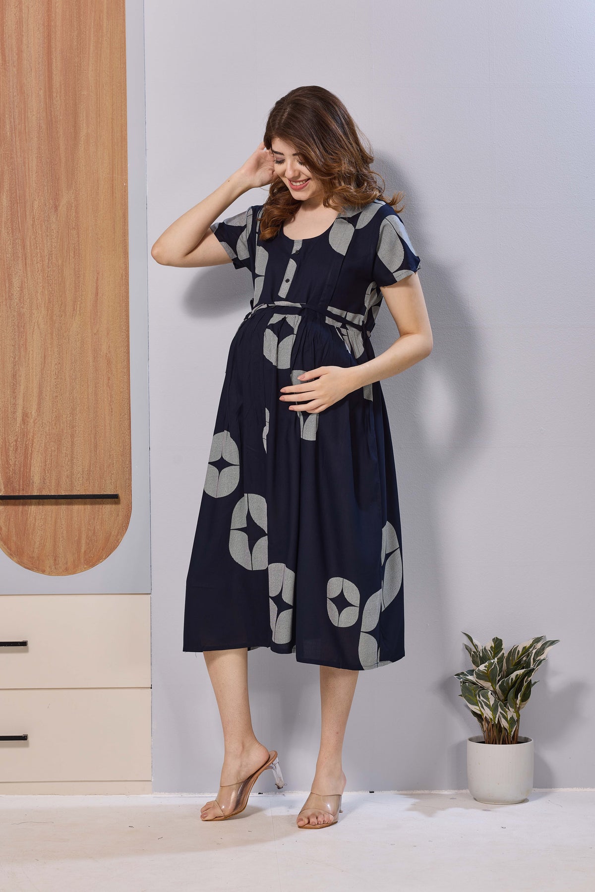 Black Printed Rayon Maternity Maxi Dress with Feeding Zipper | Adjustable Tie-Up | Soft Breathable Pregnancy & Nursing Wear (FIO-M)