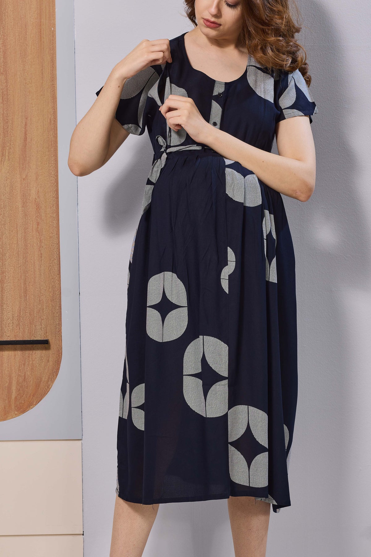 Black Printed Rayon Maternity Maxi Dress with Feeding Zipper | Adjustable Tie-Up | Soft Breathable Pregnancy & Nursing Wear (FIO-M)