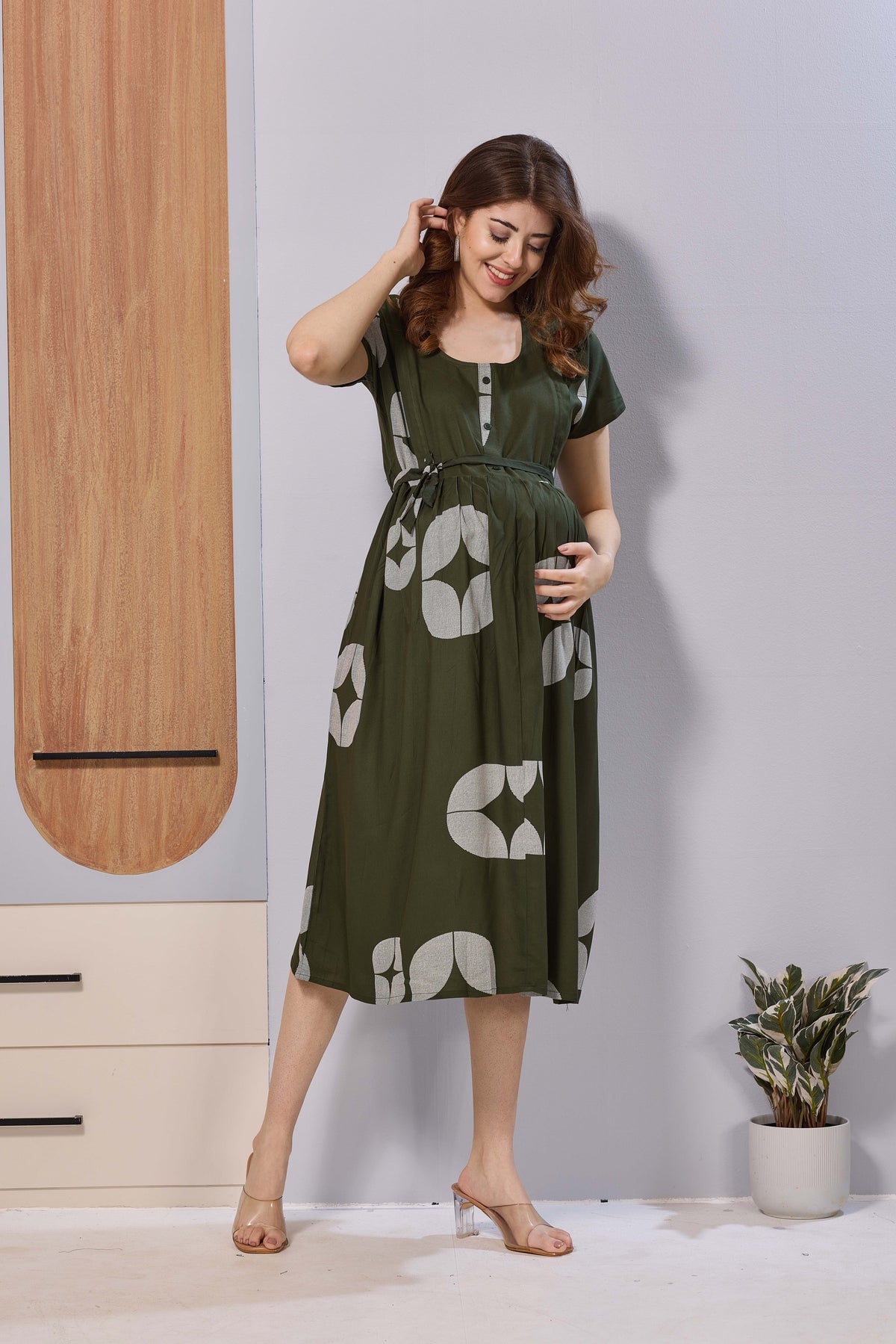 Black Printed Rayon Maternity Maxi Dress with Feeding Zipper | Adjustable Tie-Up | Soft Breathable Pregnancy & Nursing Wear (FIO-M)