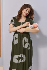 Black Printed Rayon Maternity Maxi Dress with Feeding Zipper | Adjustable Tie-Up | Soft Breathable Pregnancy & Nursing Wear (FIO-M)